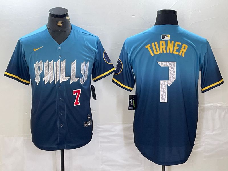 Men Philadelphia Phillies 7 Turner Blue City Edition Nike 2024 MLB Jersey style 4